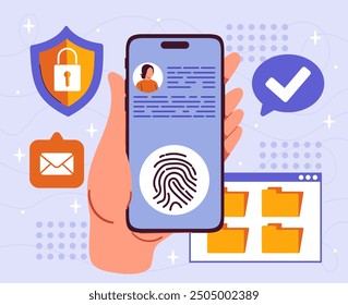 Control de acceso móvil. Smartphone con protección de datos biométricos y escáneres de huellas dactilares. Protección de datos y archivos personales. Seguridad y protección. Ilustración vectorial plana