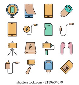 Iconos de accesorios móviles configurados. Accesorios móviles paquete símbolos vectores para web infográfica