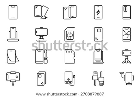 Mobile accessories line icon set, power bank, headset, cable, sim card, phone case, wireless charger, phone protection,  Editable stroke. Vector illustration