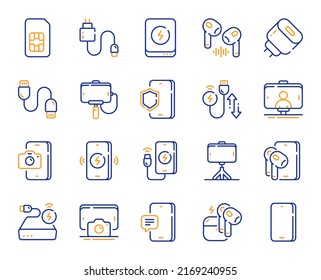 Mobile accessories line icons. Sim card, selfie stick and wireless charger set. Power bank battery, mobile headphones and usb type-c cable line icons. Fast charger, phone accessories. Vector