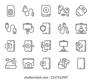 Mobile accessories line icons. Smartphone card, phone photo stick and wireless charger set. Power bank battery, headphones and usb c cable line icons. Fast charger, mobile phone accessories. Vector