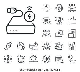 Mobile accessories sign. Place location, technology and smart speaker outline icons. Power bank line icon. Charge battery symbol. Power bank line sign. Influencer, brand ambassador icon. Vector