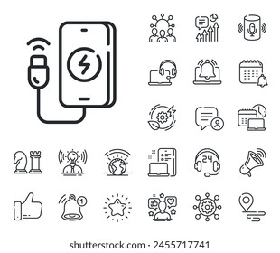 Señal de accesorios móviles. Coloca iconos de ubicación, tecnología y contorno de altavoz inteligente. Icono de línea de carga del teléfono. símbolo del dispositivo de Recargo. Señal de línea de carga del teléfono. Influencer, icono de embajador de la marca. Vector