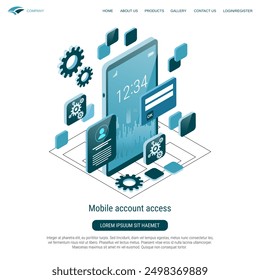 Mobile account access, data protection, information security flat 3d isometric vector concept illustration