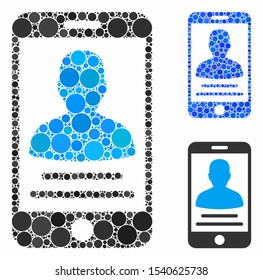 Mobile account composition of round dots in variable sizes and color hues, based on mobile account icon. Vector round dots are united into blue composition.