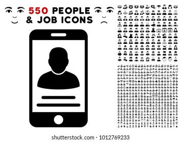 Mobile Account icon with 550 bonus sad and glad people symbols. Vector illustration style is flat black iconic symbols.