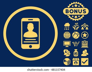 Mobile Account icon with bonus. Vector illustration style is flat iconic symbols, yellow color, blue background.