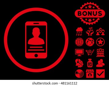 Mobile Account icon with bonus. Vector illustration style is flat iconic symbols, red color, black background.