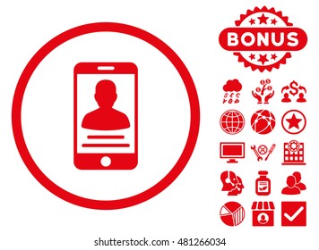 Mobile Account icon with bonus. Vector illustration style is flat iconic symbols, red color, white background.