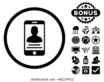 Mobile Account icon with bonus. Vector illustration style is flat iconic symbols, black color, white background.