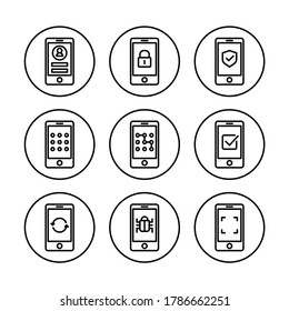 Los iconos de móvil, cuenta y seguridad están configurados. Vector de línea. Aislar sobre fondo blanco.