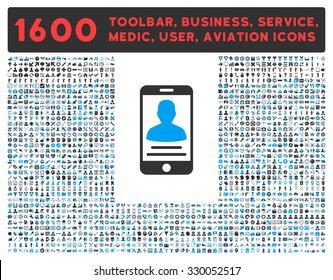Mobile Account vector icon and 1600 other business, service tools, medical care, software toolbar, web interface pictograms. Style is bicolor flat symbols, blue and gray colors, rounded angles, white