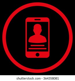 Mobile Account vector icon. Style is flat circled symbol, red color, rounded angles, black background.