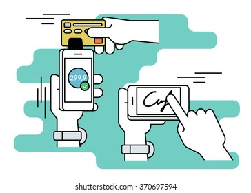 Mobile acquiring with signature via smartphone. Flat line contour illustration of payment via smartphone app