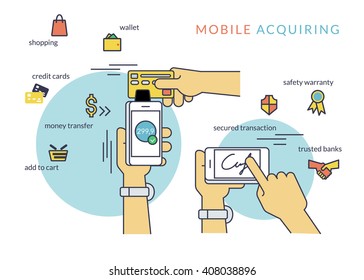 Mobile acquiring with signature via smartphone. Flat line contour illustration of payment via smartphone app