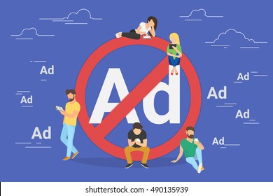 Mobile ad prohibition concept illustration of young people using mobile gadgets for networking and using internet without ads. Flat design of guys and women standing near big red sign