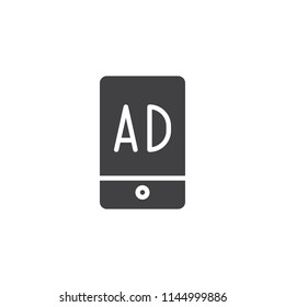 Mobile Ad vector icon. filled flat sign for mobile concept and web design. Ads on smartphone screen simple solid icon. Symbol, logo illustration. Pixel perfect vector graphics