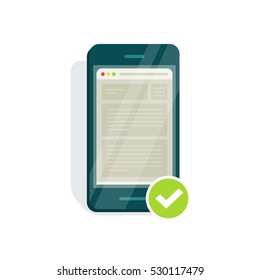Mobile adapted website icon vector illustration, flat style smartphone with mobile browser, web page browser and checkmark, mobile responsive compatible site isolated on white background
