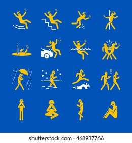 Mobile addict hazards and caution icons. Included the icons as walking, falling, accident, crash, stumble, focus and more.