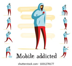 Mobile addicted person staring at mobile phone while staying, walking, running or sitting. Simple character flat vector illustration. Person dressed in hoodie and red pants checking his social apps.