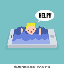 Mobile addiction concept: young blond boy drowning in the water / editable flat vector illustration