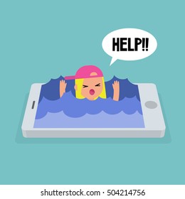 Mobiles Suchtkonzept: jung blond mädchen ertrinken im wasser / editierbare flache vektorgrafik