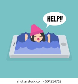 Mobile addiction concept: young girl drowning in the water / editable flat vector illustration