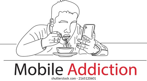 Mobile addiction vector, Mobile abuse logo, Sketch drawing of man holding mobile in hand while eating symbol of mobile addiction, silhouette of phone addict boy