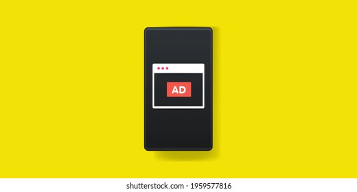 Mobile ads, mobile advertising, programmatic advertising - conceptual vector illustration isolated on yellow background