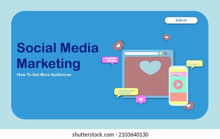 Mobile ads, Digital advertising, engaging content display - flat 3D isometric banner with icons and texts