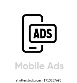 Mobile Ads icon. Editable Vector Outline. Mobile advertising linear sign. Mobile marketing strategy. Single Pictogram.