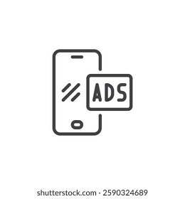 Mobile Ads line icon. linear style sign for mobile concept and web design. Phone screen with ad banner outline vector icon. Symbol, logo illustration. Vector graphics
