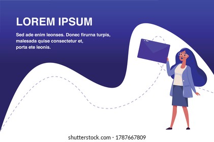 Mobile Advertisement and Digital Marketing flat design. Marketing Research color illustration. Woman with Envelope, Mail vector illustration concept, landing page graphic interface.