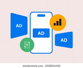 Publicidade móvel com controles de anúncio e configurações de personalização. Configure o direcionamento do dispositivo e otimize os anúncios nativos com os melhores tamanhos e formatos. Ilustração vetorial de formatos programáticos de anúncios