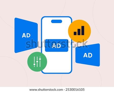 Mobile advertising with ad controls and personalization settings. Set up device targeting and optimize native ads with best sizes and formats. Vector illustration of programmatic ad formats