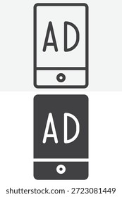 Publicidad móvil AD pantalla diferente estilo icono conjunto. Línea, contorno e ícono sólido Vector de trazo editable signo y símbolo para el ícono de anuncio móvil.