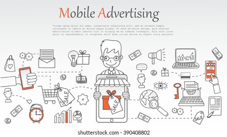 Mobile advertising banner. Doodle line design of web banner templates with outline icons. Vector illustration concept for website or infographics. 