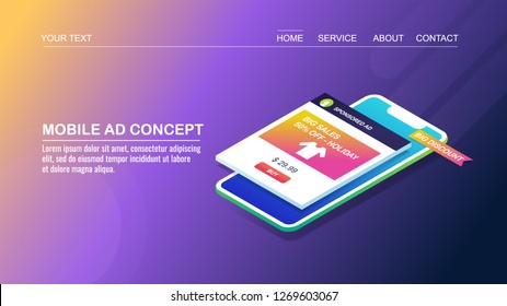 Mobile advertising concept, mobile displaying ads, smart digital marketing flat design 3D isometric banner