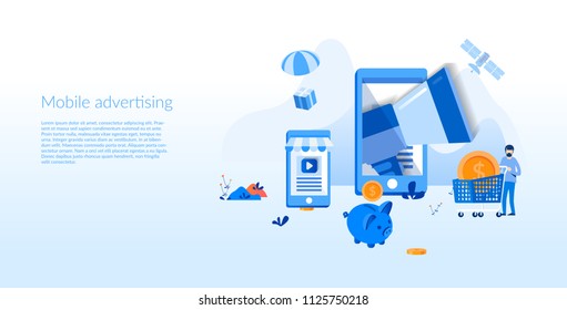 Mobile advertising Concept for web page, banner, presentation, social media, documents, cards, posters. Vector illustration business digital marketing, social network, megaphone , mobile phone