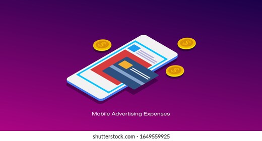 Mobile advertising cost, Social media marketing, Marketing cost, Mobile marketing - conceptual isometric vector illustration