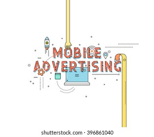 Mobile advertising design concept in line flat style. Internet commerce. Lineart digital advertising technologies on mobile devices. Concept for business in flat style