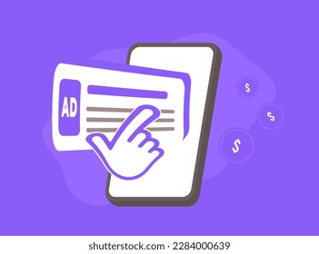 Mobile advertising and digital marketing concept. Mobile phone displays an attractive contextual advertising with cursor clicking on it. Vector illustration for online marketing visuals