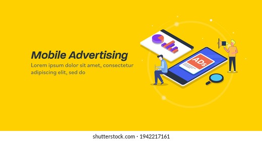 Mobile advertising isometric concept, Mobile data analysis, smartphone marketing app - vector 3d illustration banner template