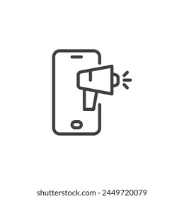 Mobile Advertising line icon. linear style sign for mobile concept and web design. Smartphone and megaphone outline vector icon. Symbol, logo illustration. Vector graphics