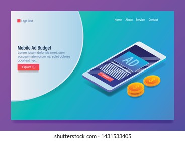 Mobile advertising, Marketing budget, Social media advertising, Mobile campaign - 3D, isometric vector banner with icons and texts