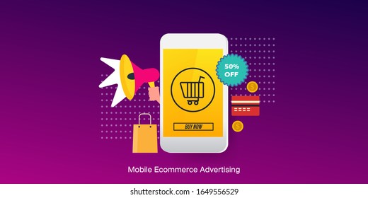 Mobile advertising, Mobile marketing, E-commerce advertising on mobile - conceptual vector illustration with icons