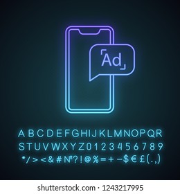 Mobile advertising neon light icon. Text message ads. Smartphone advertising notification. Mobile marketing strategy. SMS sending. Glowing alphabet, numbers. Vector isolated illustration