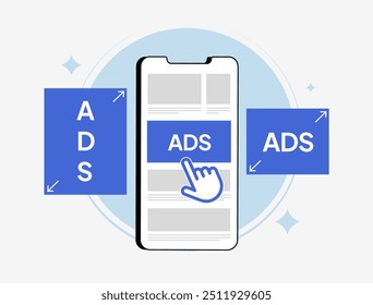 Publicidade móvel - estratégia de anúncios de segmentação nativa online. Os melhores tamanhos e formatos de anúncios móveis para maximizar o impacto. Ilustração vetorial de formatos programáticos de publicidade