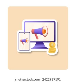 Mobile advertising sticker illustration. Monitor, loudspeaker, coin, plant, smartphone. Editable vector graphic design.