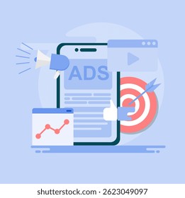 Mobile advertising strategies and programmatic targeting for mobile devices. Illustration of advertising on mobile.